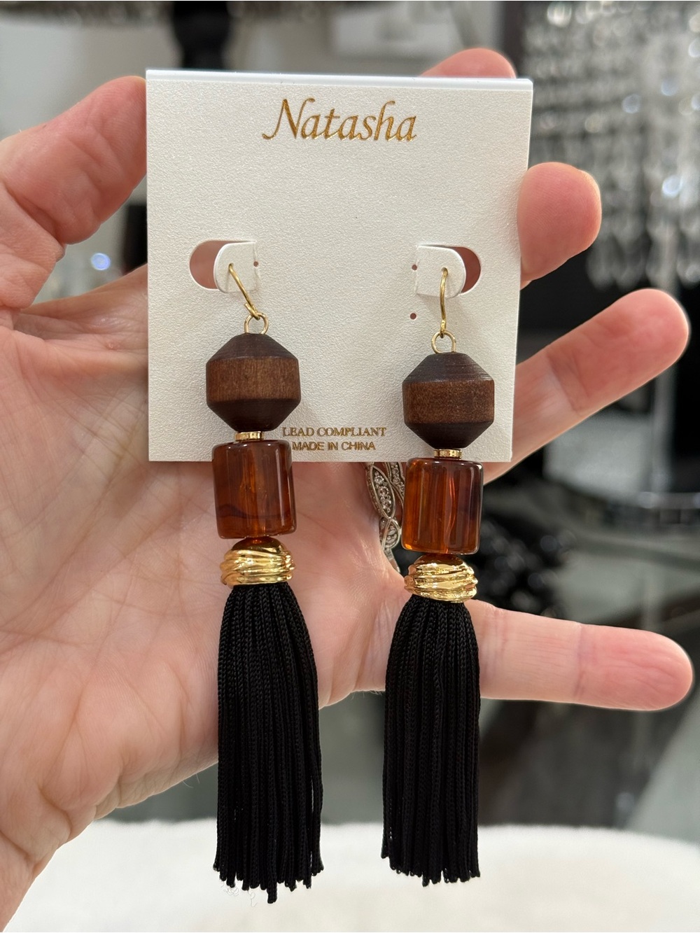 Natasha Couture Black Tassel and Amber Bead Drop Earrings